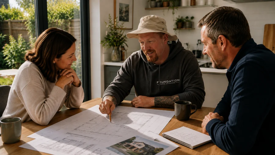 Builder discussing extension plans with homeowners